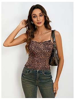 RoseSeek Women's Leopard Print Lace Trim Sexy Tank Top